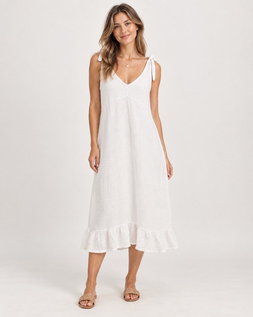 Seafolly White Beach Edit Cotton Gauze Maxi Dress Tie Strap Boho Resort Medium